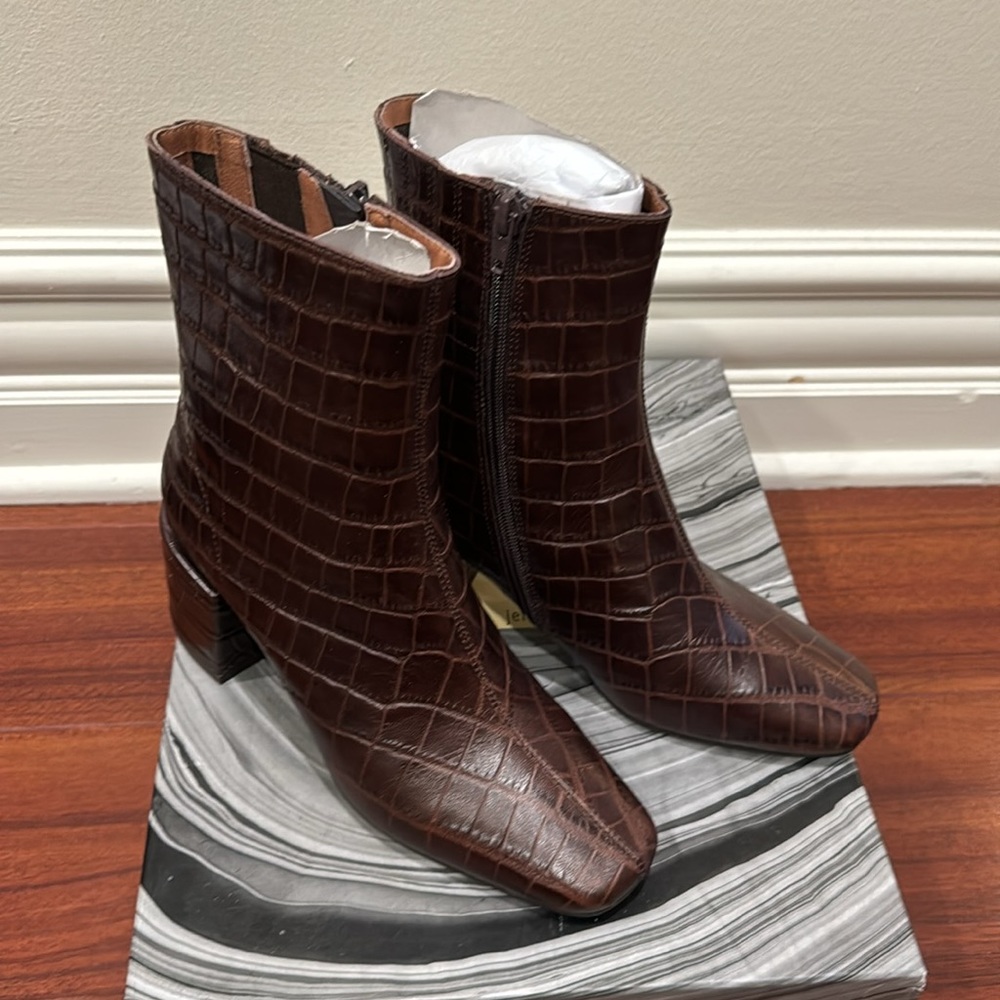 Jeffrey Campbell Dark Brown Croc-Embossed Block Heel Ankle Boots - Picture 6 of 10